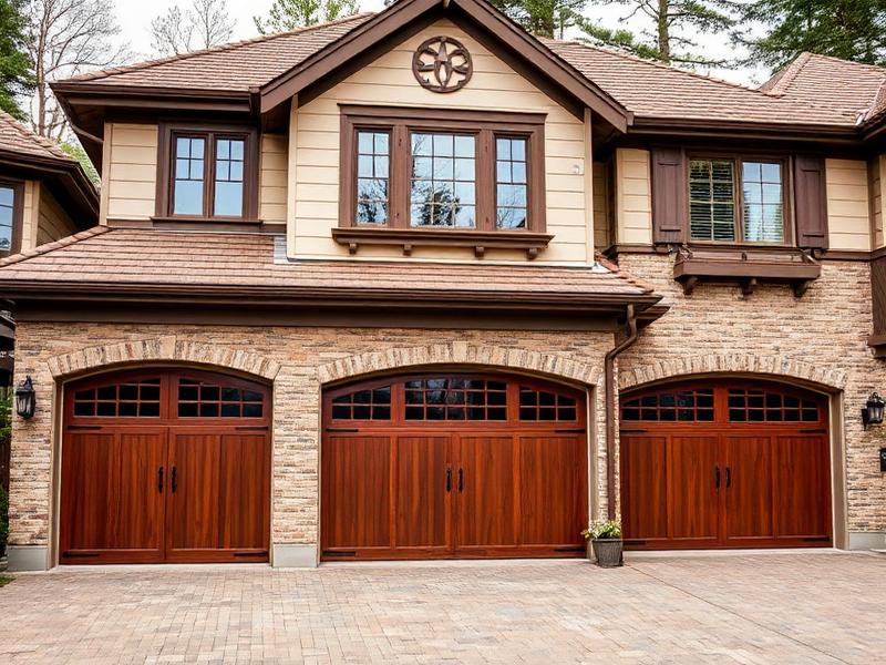 Premium carriage house style garage doors with wood grain finish installation